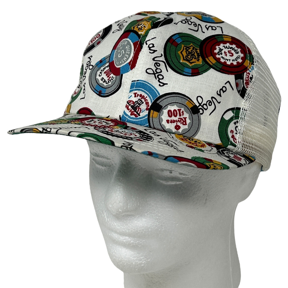 Vintage Las Vegas Poker Chips Trucker Hat Cap White 70s 80s Casino Mesh Snapback